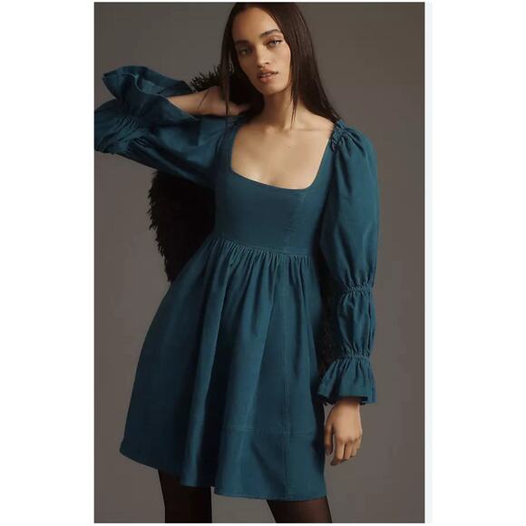NWT ANTHROPOLOGIE LONG SLEEVES FOREST GREEN CORDUROY BABYDOLL DRESS SMALL 2032 - Picture 1 of 9